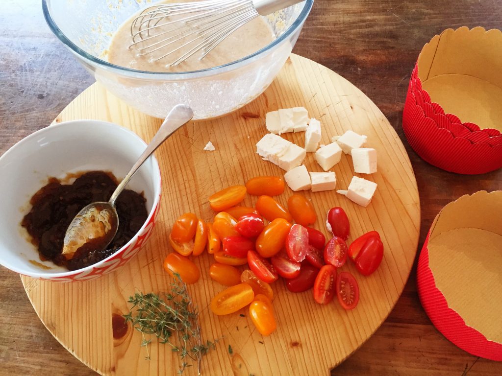 ingredients for caramelised onion, feta and tomato pie